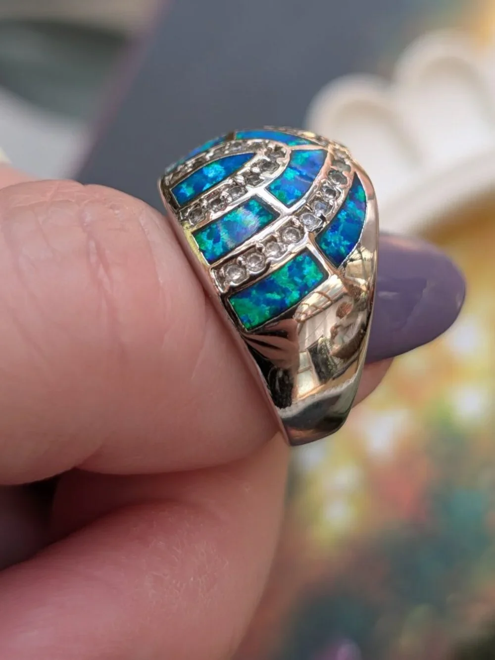 Vintage Sterling Silver & Blue Rainbow Opal Triple Arch Ring, Size 6